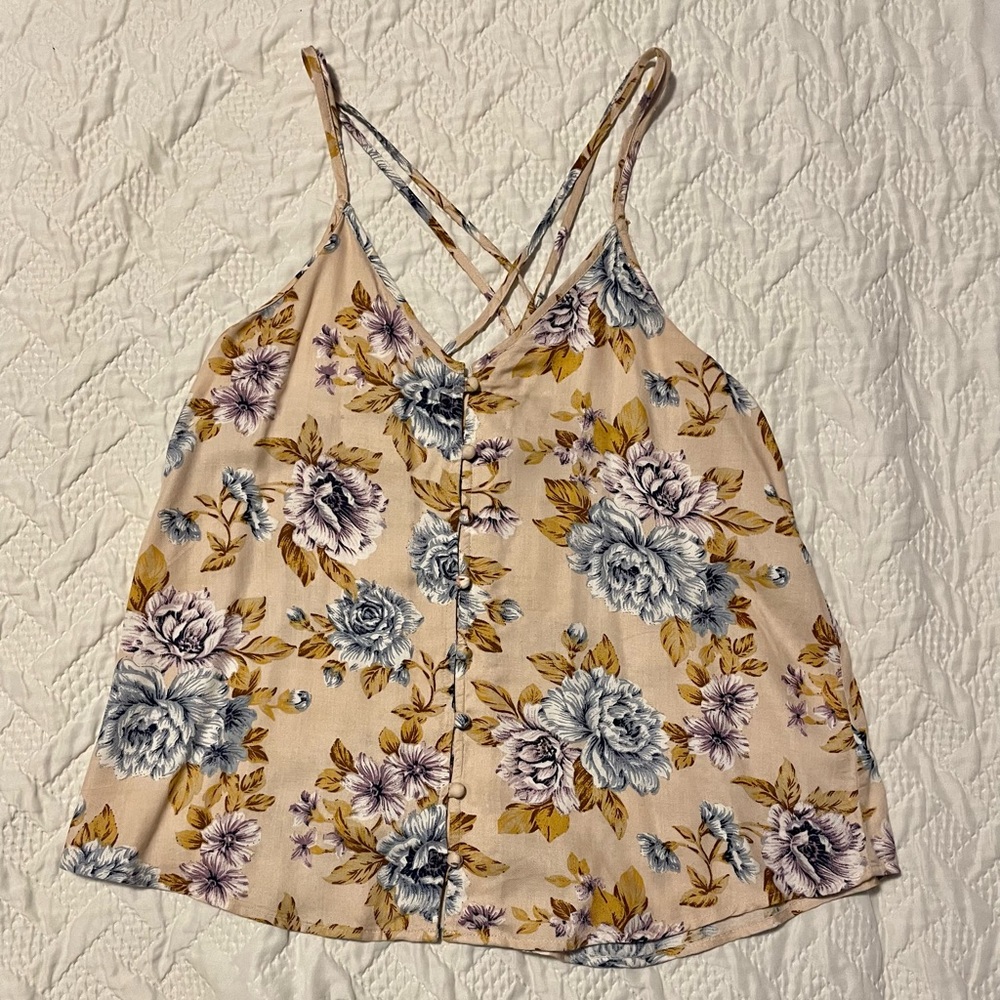 American Eagle Outfitter Floral Beige Cross Strap Button Up Tank Top Size XS